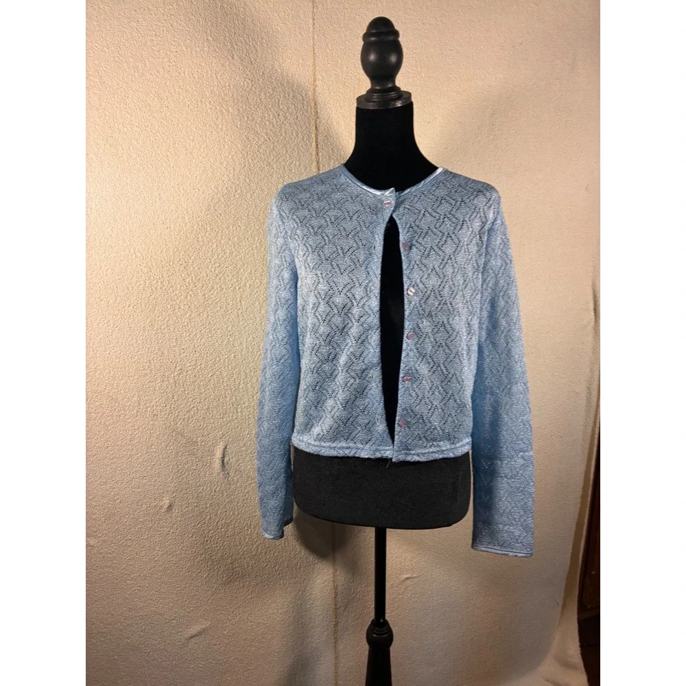Star C.C.C. Cardigan Sweater Womens M Blue Excellent Pointelle Shimmer Knit Crop